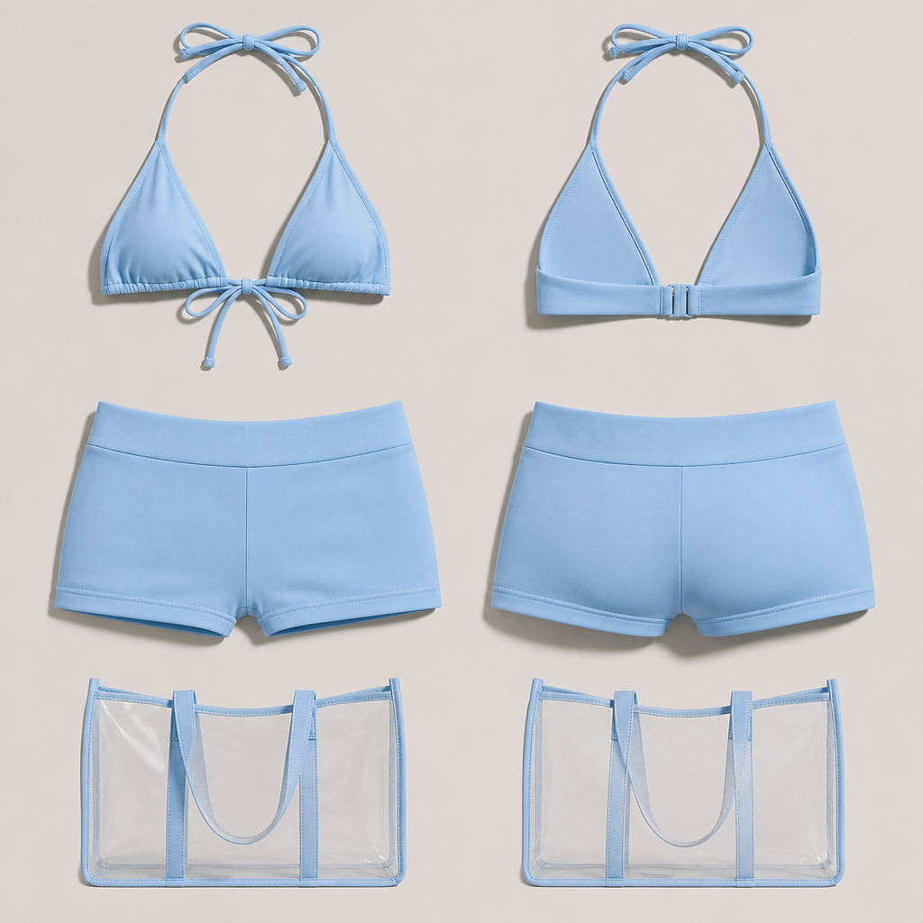 Sky blue bikini top with the bottom volleyball shorts and a transparent bag
photorealistic fashion design, Sky blue bikini top with the bottom volleyball shorts and a transparent bag, beach style, just the design no text, show front and back