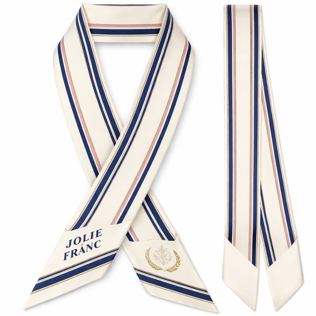 Design me a silk scarf that is 5x 86cm to be wrapped on the top handle of a handbag. It need to be iconic for my brand Jolie Franc. It would be classic geometric and tailored
More simple and more iconic . It needs to be Jolie Francs identifiable signature look no chains. Try to create a feminine Ralph Lauren look. Softer and slightly sporty with longitudinal lines
Design me a silk scarf that is 5x 86cm to be wrapped on the top handle of a handbag. It need to be iconic for my brand Jolie Franc. It would be classic geometric and tailored
More simple and more iconic . It needs to be Jolie Francs identifiable signature look no chains. Try to create a feminine Ralph Lauren look. Softer and slightly sporty with longitudinal lines , classic style, show front and back