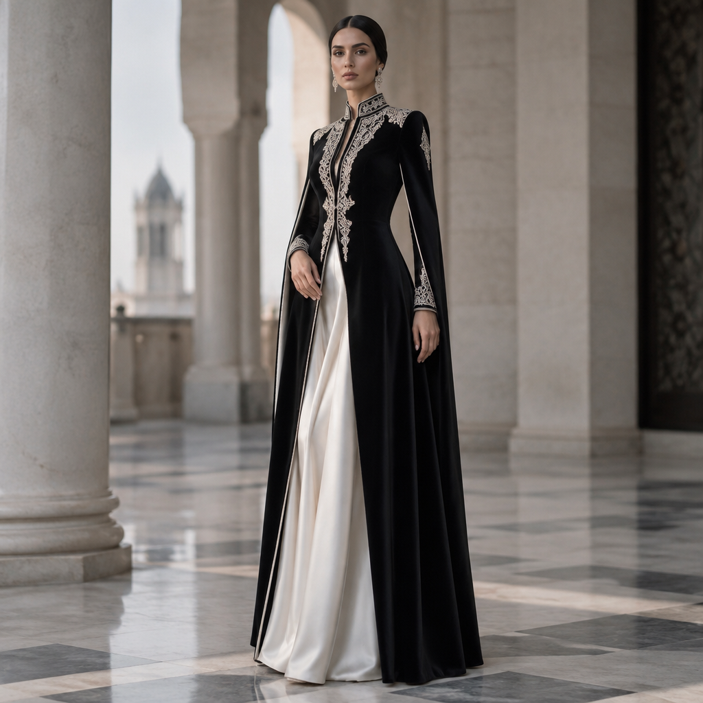 A Female Dress design, with a crisp, structured drape, in a Monochrome color palette, for Formal, suitable for Winter, in Formal style, shown on a model with an athletic build. Algeria fashion aesthetics. Present it as professional fashion catalogue photography: the garment is the subject, shown full-length with editorial styling, neutral posing and tasteful, non-suggestive framing.
photorealistic fashion design, A Female Dress design, with a crisp, structured drape, in a Monochrome color palette, for Formal, suitable for Winter, in Formal style, shown on a model with an athletic build. Algeria fashion aesthetics. Present it as professional fashion catalogue photography: the garment is the subject, shown full-length with editorial styling, neutral posing and tasteful, non-suggestive framing., formal style, just the design no text