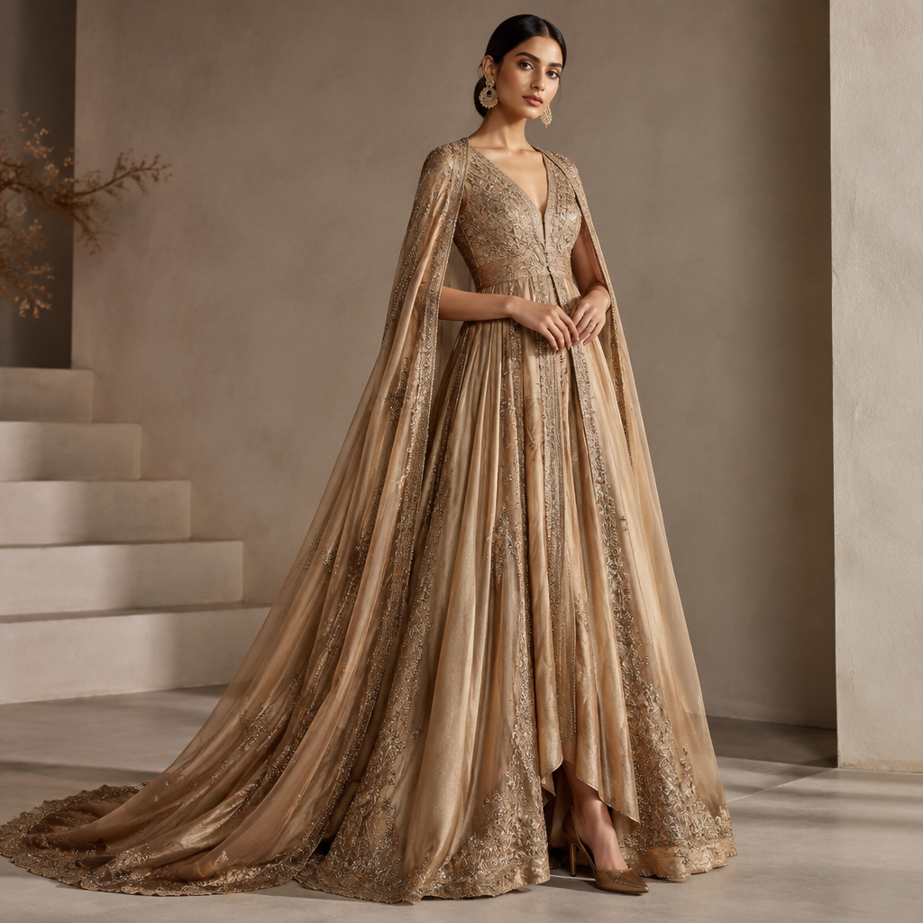 A Female Dress design, suitable for Fall, in Elegant style. silk cape dress very long gown type and matching heels of same colour with the dress. India fashion aesthetics. Present it as professional fashion catalogue photography: the garment is the subject, shown full-length with editorial styling, neutral posing and tasteful, non-suggestive framing.
photorealistic fashion design, A Female Dress design, suitable for Fall, in Elegant style. silk cape dress very long gown type and matching heels of same colour with the dress. India fashion aesthetics. Present it as professional fashion catalogue photography: the garment is the subject, shown full-length with editorial styling, neutral posing and tasteful, non-suggestive framing., elegant style, just the design no text