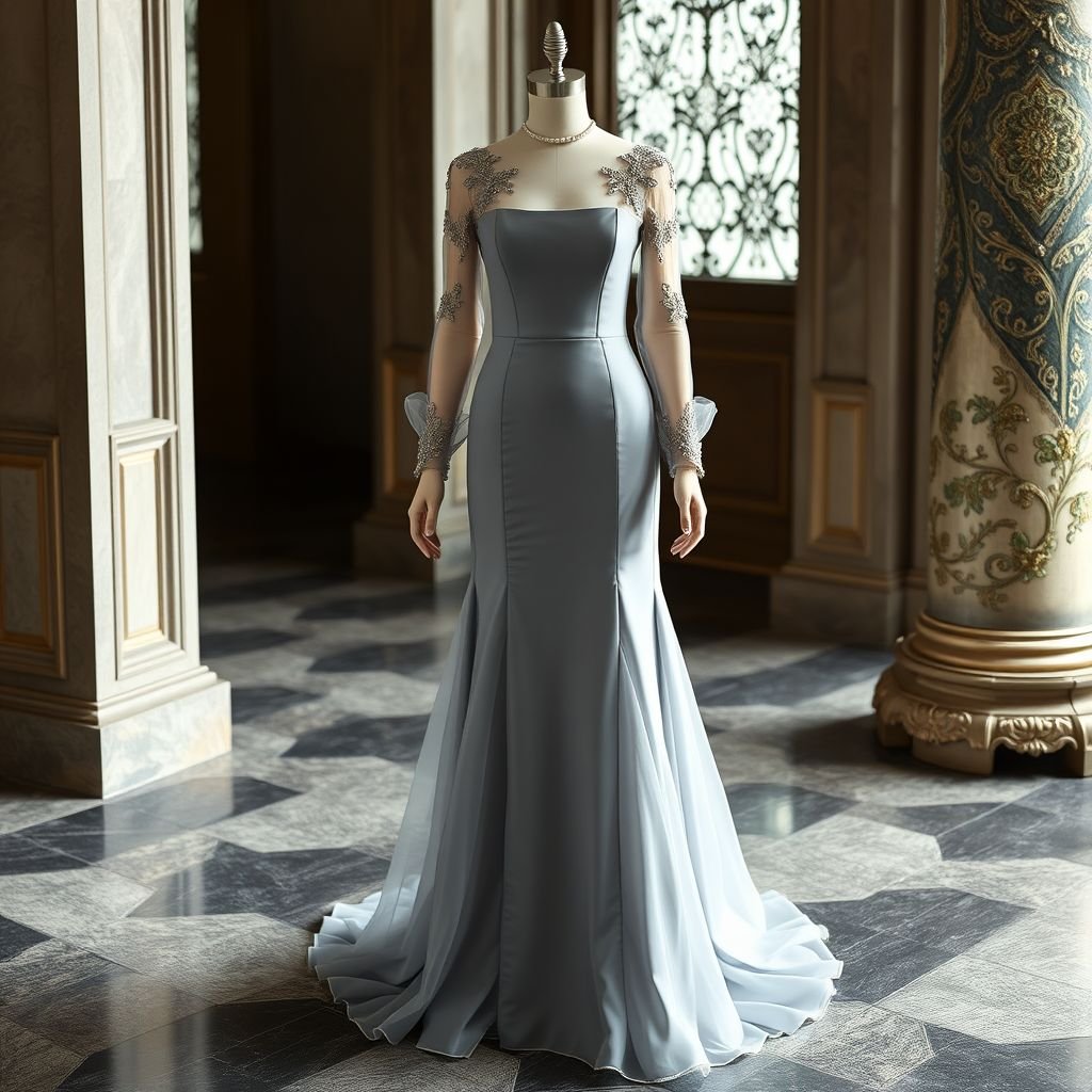 A grey long dress which is flowy from the end and lays down on the ground. The sleeves should be long of net with embroidery. The dress should be embellished but not as much minimaslist type. The bottom of the dress should be of organza frill. The neck should be square shaped. And the frill should be only one at the end. The dress should be straight and body shaped. The dress should have embellishment and embroidery.
Design an elegant grey formal gown with a tailored straight silhouette that gently hugs the body. The floor-length skirt cascades with a soft flow, finishing in a delicate organza frill. Long net sleeves are adorned with intricate embroidery, while a refined square neckline adds sophistication. Embellishments are tastefully minimal, enhancing its graceful allure.