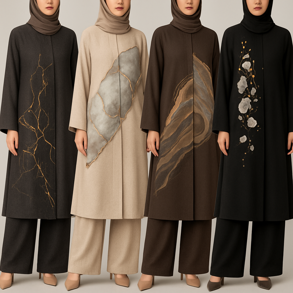 Create a modest abaya and loose pant, first of its kind, featuring a unique stone design that exudes a classy and sophisticated vibe. I'd like four designs, each showcasing different styles and fabrics. Incorporate high-end, unique chic stone designs to make them truly special. Add little sophisticated stone designs. Make it irresistible with designs that stands out.
Create a modest abaya and loose pant, first of its kind, featuring a unique stone design that exudes a classy and sophisticated vibe. I'd like four designs, each showcasing different styles and fabrics. Incorporate high-end, unique chic stone designs to make them truly special. Add little sophisticated stone designs. Make it irresistible with designs that stands out.