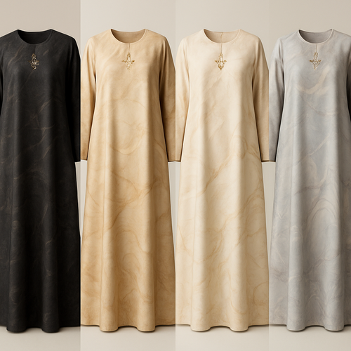 Create a modest boubou, the first of its kind, featuring a unique stone design that exudes a classy and sophisticated vibe. I'd like four designs, each showcasing different styles and fabrics. Incorporate high-end, unique chic stone designs to make them truly special. Add little sophisticated stone designs.