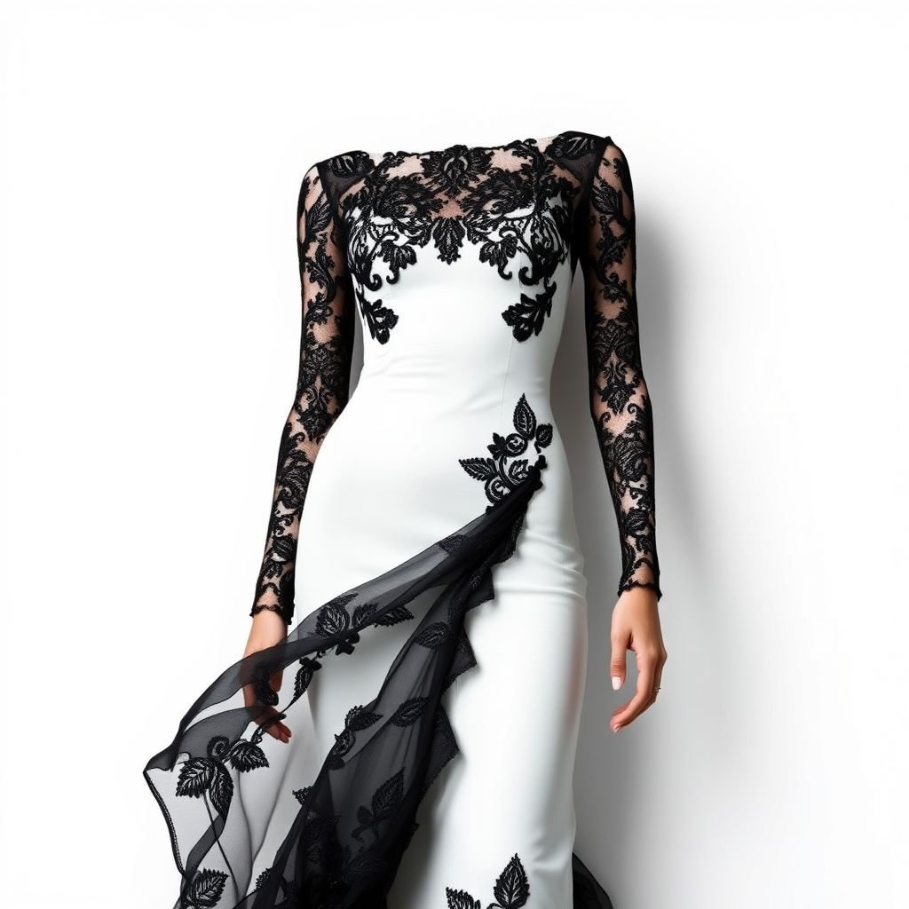 A white long body hugging dress that flares a bit just from the bottom of the knees all the way down and its dyed in black from the bottom up until the knees then a black laced design on the bodies and all the way to the arms and hands
Imagine a stunning white body-hugging dress that contrasts elegance with a dramatic flair. The silhouette hugs every curve tightly until it flares gently below the knee. Dyed in deep black from the hem upwards, intricate lace patterns weave across the bodice and sleeves, creating an enchanting interplay of texture, movement, and mystery.