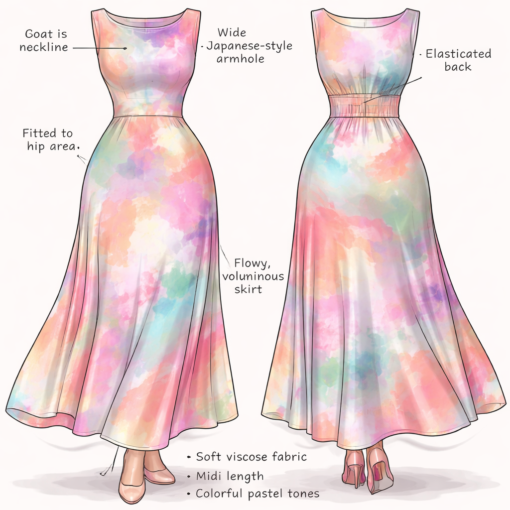 - Plus-size midi dress made from viscose fabric in colorful pastel tones.
- The dress has a boat neckline that covers the collarbones.
- The dress is fitted from the neckline to the pelvic/hip area (below belly button by 10 cm)
- Sleeveless design with wide Japanese-style armholes (Gaponaise armhole).
- Elasticated back for comfort and fitting.
- From the pelvic/hip area downwards, the dress becomes wide, flowy, and voluminous.
- Midi length
- Please include fashion technical notes (tech pack details) written on the illustration.
- Plus-size midi dress made from viscose fabric in colorful pastel tones.
- The dress has a boat neckline that covers the collarbones.
- The dress is fitted from the neckline to the pelvic/hip area (below belly button by 10 cm)
- Sleeveless design with wide Japanese-style armholes (Gaponaise armhole).
- Elasticated back for comfort and fitting.
- From the pelvic/hip area downwards, the dress becomes wide, flowy, and voluminous.
- Midi length
- Please include fashion technical notes (tech pack details) written on the illustration., bohemian style, show front and back