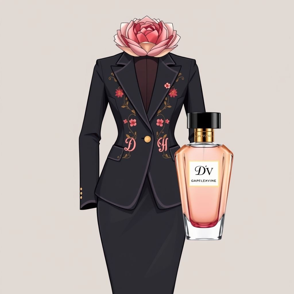 Fancy eau de perfume bottle with the name “Da’Vine” on it. With DV on it. Shape the bottle as a flower
Design a sophisticated business attire ensemble inspired by a beautiful eau de perfume bottle named “Da’Vine,” featuring an elegant flower-shaped silhouette. Envision a tailored blazer with floral embroidery and DV monogram details, complemented by a chic pencil skirt. Complete the look with polished accessories that echo the bottle’s luxurious essence.