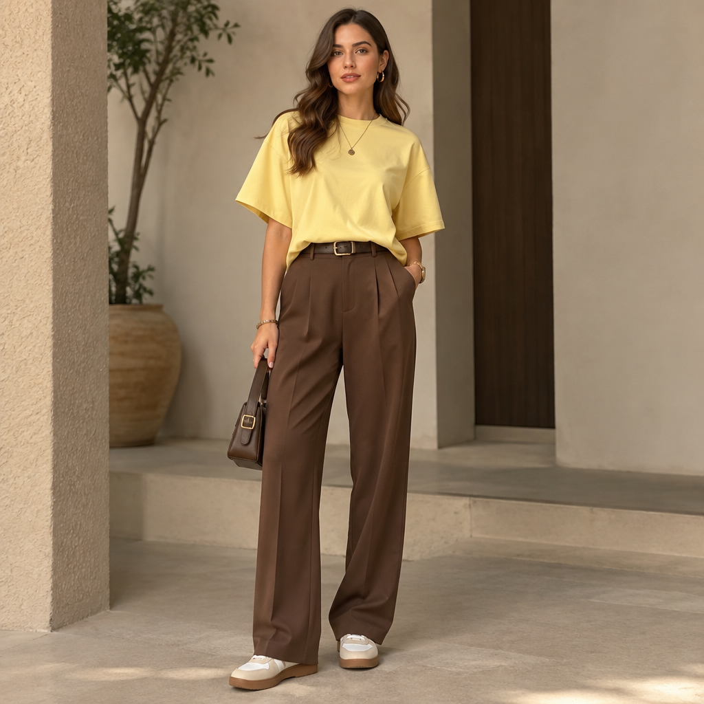 A Pants design, in Casual style. سوي تشيرت اصفر والبنطرون جوزي وضيف لمسات حلو للوتفتت. IQ fashion aesthetics. Present it as professional fashion catalogue photography: the garment is the subject, shown full-length with editorial styling, neutral posing and tasteful, non-suggestive framing.
photorealistic fashion design, A Pants design, in Casual style. سوي تشيرت اصفر والبنطرون جوزي وضيف لمسات حلو للوتفتت. IQ fashion aesthetics. Present it as professional fashion catalogue photography: the garment is the subject, shown full-length with editorial styling, neutral posing and tasteful, non-suggestive framing., casual style, just the design no text