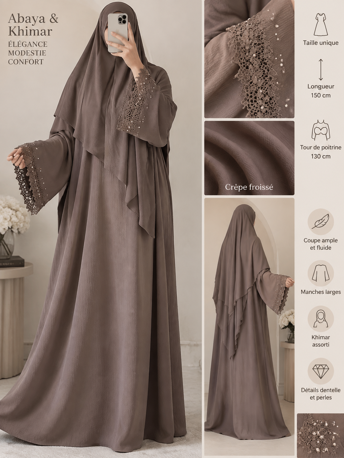 Crée une abaya taille unique, longueur 150 cm, tour de poitrine 130 cm, en crêpe froissé, coupe ample et fluide, avec manches larges et khimar assorti. »
Avec dentelles manches et quelques perles
Crée une abaya taille unique, longueur 150 cm, tour de poitrine 130 cm, en crêpe froissé, coupe ample et fluide, avec manches larges et khimar assorti. »
Avec dentelles manches et quelques perles