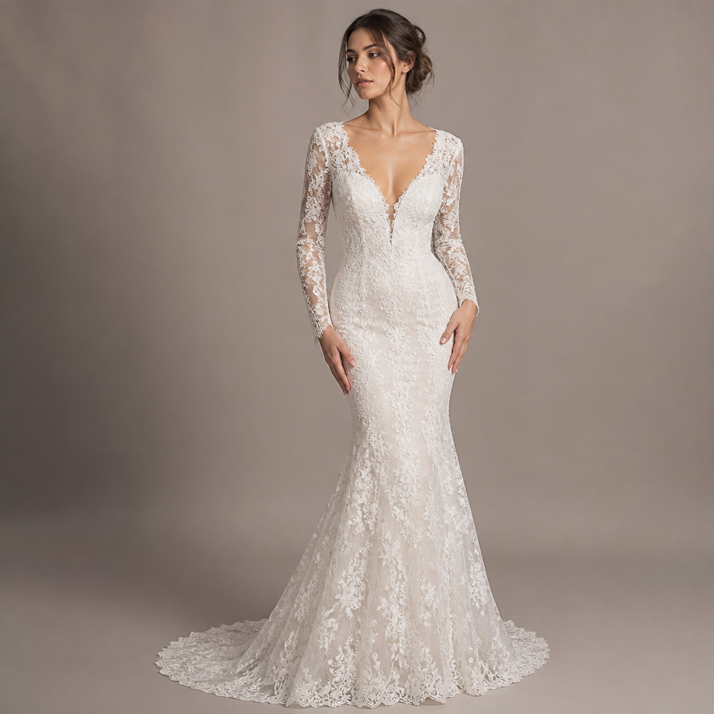 A Female Dress design, suitable for Summer. abito da sposa semplice, a sirena con poco tulle e pochi brillantini. in pizzo, senza velo e con maniche lunghe. Italy fashion aesthetics.
photorealistic fashion design, A Female Dress design, suitable for Summer. abito da sposa semplice, a sirena con poco tulle e pochi brillantini. in pizzo, senza velo e con maniche lunghe. Italy fashion aesthetics., just the design no text