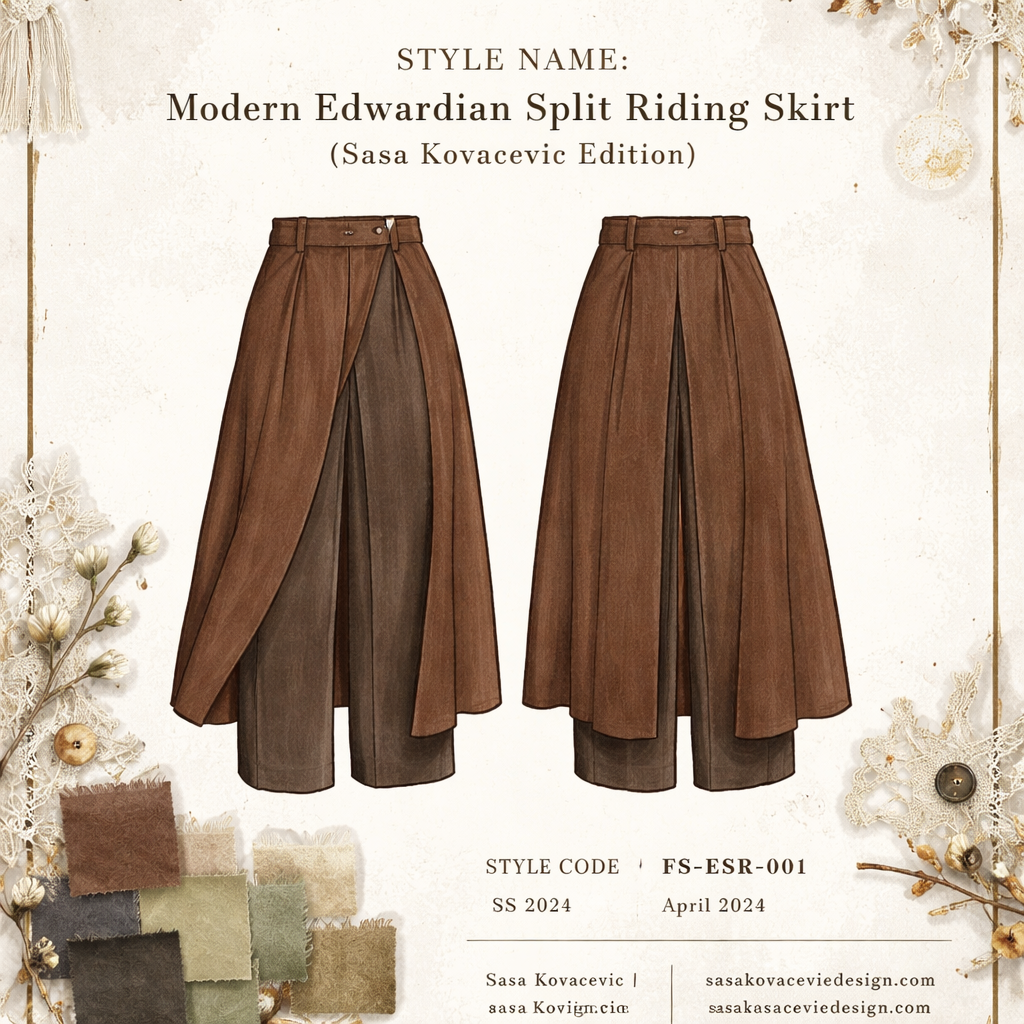 TECH PACK — Modern Edwardian Split Riding Skirt (Sasa Kovacevic Edition, UK 16)
PAGE 1 — COVER PAGE
Elements:
Top: Brand / Designer Name
Center: STYLE NAME: Modern Edwardian Split Riding Skirt (Sasa Kovacevic Edition)
Style Code / Season / Date
Bottom: Designer contact info & confidential notice
Optional: muted earthy swatches or mood board snippet for inspiration
PAGE 2 — FRONT + BACK FLAT TECHNICAL SKETCHES
Layout:
Left column: Front flat
Right column: Back flat
Annotations:
Asymmetrical left split
Outer panels slightly flared
Inner pant panels tapered
Mid-to-high waistband, 5–6 cm folded, hidden closure
Side-seam pockets with angled openings
Ankle-length hem, angled front-to-back
Grainlines vertical
Dashed lines for split/facing, dotted lines for optional embroidery
PAGE 3 — FABRIC & TRIMS
Component Material Weight Color Finish
Outer panels Cotton-linen 220–260 gsm Chestnut brown Slightly irregular weave, raw look
Inner panels Cotton-linen 220–260 gsm Graphite grey or matching Smooth hand finish
Waistband Cotton-linen 220–260 gsm Same as outer panel Folded, reinforced
Pocket bag Cotton-linen 200 gsm Same as inner panel Curved raw-edge
Trims & Thread:
Hidden button + fabric tie closure, optional back elastic
Matching thread, topstitch reinforcement
Optional tone-on-tone embroidery, minimal
PAGE 4 — CONSTRUCTION NOTES
Attach inner leg panels to outer panels along inseam with single topstitch reinforcement.
Sew outer panel side seams, leaving front-left split open.
Attach waistband folded over, secure hidden closure, optional back elastic.
Reinforce split edges with 3 cm facing, optional topstitch.
Attach side-seam pockets; reinforce pocket mouth.
Seam finishes:
Visible topstitch at asymmetrical joins
Raw-edge or whip-stitched hem
Hand overcast optional at exposed edges
Functional Notes:
Split allows walking/riding
Asymmetry intentional and part of the design aesthetic
PAGE 5 — MEASUREMENTS & GRADING (UK Size 16)
Front Flat (Annotated Measurements):
Point Measurement (cm) Notes
Waist 84 Horizontal arrow at waistband
Hip 112 Horizontal arrow at fullest point
Front rise 29 Vertical arrow from waist to crotch seam
Inseam 73 Vertical arrow along inner leg panel
Outer panel hem width 72 Left panel slightly longer than right (~2–3 cm asymmetry)
Inner panel hem width 34 Matches tapered inner panel
Total length 102 Front hem slightly shorter than back (~2–3 cm)
Split height 12–15 Front-left dominant split starts below waistband
Waistband height 5–6 Folded waistband
Back Flat (Annotated Measurements):
Point Measurement (cm) Notes
Back rise 37 Vertical arrow from waist to crotch seam
Total length 102–105 Back hem longer to maintain asymmetry
Center back seam — Reinforced, solid line
Outer panel hem width 72 Left panel slightly longer than right
Inner panel hem width 34 Matches tapered inner panel
Pocket placement — Angled side-seam pocket indicated
Grading Notes:
Ease: 8–10 cm at hips, 4–6 cm at thighs
Split height: 12–15 cm below waistband
Length: Front 102 cm, Back 104–105 cm
Waistband: 5–6 cm folded with +4 cm overlap for closure
PAGE 6 — EMBELLISHMENT / FOLK DETAIL
Minimal tonal embroidery: running stitch along waistband interior or pocket edge
Optional topstitch reinforcement along split and panel joins
Small icons or line sketches for stitch placement
PAGE 7 — FIT & QC NOTES
Fit Intent:
Relaxed, asymmetrical skirt illusion
Inner panels allow movement
Hem angled front-to-back
QC Checks:
Split reinforcement intact
Seam symmetry maintained (except intentional asymmetry)
Topstitch even, consistent tension
Pocket integrity and hem finish
PAGE 8 — CARE & PACKAGING
Care Instructions:
Hand wash or gentle machine cycle, cold water
Hang dry, low iron
Avoid bleach
Allow natural fading (honor hand-dyed look)
Packaging Instructions:
Fold outer panels carefully to preserve split structure
Optional tissue between layers
Hangtag placement: front left panel
PAGE 9 — TECHNICAL NOTES SUMMARY
Designer intent: asymmetry, folk-modern, tactile, functional
Construction philosophy: low waste, visible craft, hand-finished edges
Wearability: vintage-inspired, practical for modern movement
PAGE 10 — EXPORT / PDF SETTINGS
Page size: A4 or US Letter, portrait
Color mode: CMYK (even for line art)
Resolution: 300 dpi
Embed fonts
File naming: Brand_FS-ESR-001_TechPack_Kovacevic_UK16_v1.0.pdf
TECH PACK — Modern Edwardian Split Riding Skirt (Sasa Kovacevic Edition, UK 16)
PAGE 1 — COVER PAGE
Elements:
Top: Brand / Designer Name
Center: STYLE NAME: Modern Edwardian Split Riding Skirt (Sasa Kovacevic Edition)
Style Code / Season / Date
Bottom: Designer contact info & confidential notice
Optional: muted earthy swatches or mood board snippet for inspiration
PAGE 2 — FRONT + BACK FLAT TECHNICAL SKETCHES
Layout:
Left column: Front flat
Right column: Back flat
Annotations:
Asymmetrical left split
Outer panels slightly flared
Inner pant panels tapered
Mid-to-high waistband, 5–6 cm folded, hidden closure
Side-seam pockets with angled openings
Ankle-length hem, angled front-to-back
Grainlines vertical
Dashed lines for split/facing, dotted lines for optional embroidery
PAGE 3 — FABRIC & TRIMS
Component Material Weight Color Finish
Outer panels Cotton-linen 220–260 gsm Chestnut brown Slightly irregular weave, raw look
Inner panels Cotton-linen 220–260 gsm Graphite grey or matching Smooth hand finish
Waistband Cotton-linen 220–260 gsm Same as outer panel Folded, reinforced
Pocket bag Cotton-linen 200 gsm Same as inner panel Curved raw-edge
Trims & Thread:
Hidden button + fabric tie closure, optional back elastic
Matching thread, topstitch reinforcement
Optional tone-on-tone embroidery, minimal
PAGE 4 — CONSTRUCTION NOTES
Attach inner leg panels to outer panels along inseam with single topstitch reinforcement.
Sew outer panel side seams, leaving front-left split open.
Attach waistband folded over, secure hidden closure, optional back elastic.
Reinforce split edges with 3 cm facing, optional topstitch.
Attach side-seam pockets; reinforce pocket mouth.
Seam finishes:
Visible topstitch at asymmetrical joins
Raw-edge or whip-stitched hem
Hand overcast optional at exposed edges
Functional Notes:
Split allows walking/riding
Asymmetry intentional and part of the design aesthetic
PAGE 5 — MEASUREMENTS & GRADING (UK Size 16)
Front Flat (Annotated Measurements):
Point Measurement (cm) Notes
Waist 84 Horizontal arrow at waistband
Hip 112 Horizontal arrow at fullest point
Front rise 29 Vertical arrow from waist to crotch seam
Inseam 73 Vertical arrow along inner leg panel
Outer panel hem width 72 Left panel slightly longer than right (~2–3 cm asymmetry)
Inner panel hem width 34 Matches tapered inner panel
Total length 102 Front hem slightly shorter than back (~2–3 cm)
Split height 12–15 Front-left dominant split starts below waistband
Waistband height 5–6 Folded waistband
Back Flat (Annotated Measurements):
Point Measurement (cm) Notes
Back rise 37 Vertical arrow from waist to crotch seam
Total length 102–105 Back hem longer to maintain asymmetry
Center back seam — Reinforced, solid line
Outer panel hem width 72 Left panel slightly longer than right
Inner panel hem width 34 Matches tapered inner panel
Pocket placement — Angled side-seam pocket indicated
Grading Notes:
Ease: 8–10 cm at hips, 4–6 cm at thighs
Split height: 12–15 cm below waistband
Length: Front 102 cm, Back 104–105 cm
Waistband: 5–6 cm folded with +4 cm overlap for closure
PAGE 6 — EMBELLISHMENT / FOLK DETAIL
Minimal tonal embroidery: running stitch along waistband interior or pocket edge
Optional topstitch reinforcement along split and panel joins
Small icons or line sketches for stitch placement
PAGE 7 — FIT & QC NOTES
Fit Intent:
Relaxed, asymmetrical skirt illusion
Inner panels allow movement
Hem angled front-to-back
QC Checks:
Split reinforcement intact
Seam symmetry maintained (except intentional asymmetry)
Topstitch even, consistent tension
Pocket integrity and hem finish
PAGE 8 — CARE & PACKAGING
Care Instructions:
Hand wash or gentle machine cycle, cold water
Hang dry, low iron
Avoid bleach
Allow natural fading (honor hand-dyed look)
Packaging Instructions:
Fold outer panels carefully to preserve split structure
Optional tissue between layers
Hangtag placement: front left panel
PAGE 9 — TECHNICAL NOTES SUMMARY
Designer intent: asymmetry, folk-modern, tactile, functional
Construction philosophy: low waste, visible craft, hand-finished edges
Wearability: vintage-inspired, practical for modern movement
PAGE 10 — EXPORT / PDF SETTINGS
Page size: A4 or US Letter, portrait
Color mode: CMYK (even for line art)
Resolution: 300 dpi
Embed fonts
File naming: Brand_FS-ESR-001_TechPack_Kovacevic_UK16_v1.0.pdf, folk style, show front and back