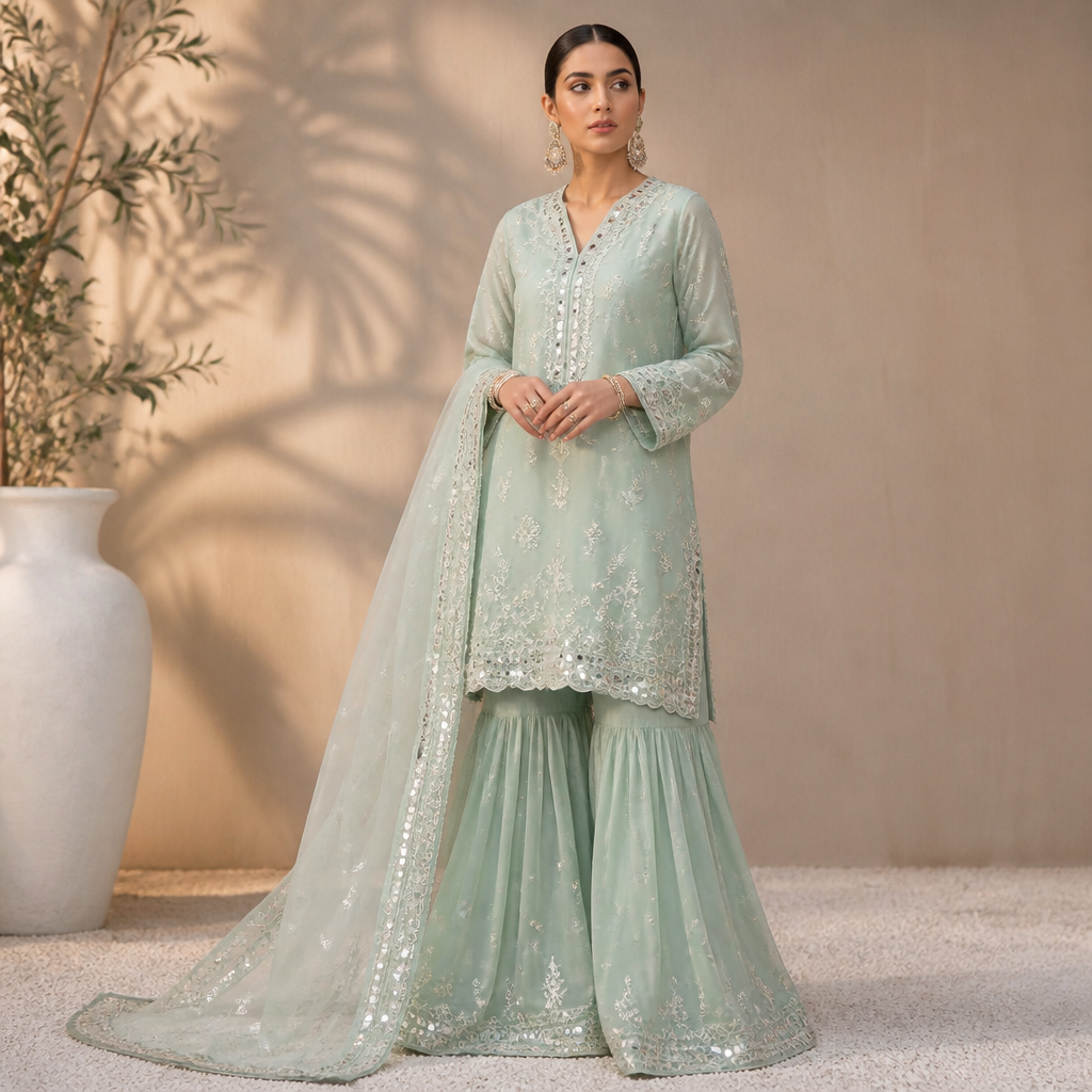 A Female Dress design, suitable for Summer. Consider Pakistani fashion — shalwar kameez, gharara, sharara; lawn fabrics, chiffon; intricate embroidery and mirror work. Current season is Summer in Pakistan.
photorealistic fashion design, A Female Dress design, suitable for Summer. Consider Pakistani fashion — shalwar kameez, gharara, sharara; lawn fabrics, chiffon; intricate embroidery and mirror work. Current season is Summer in Pakistan., just the design no text