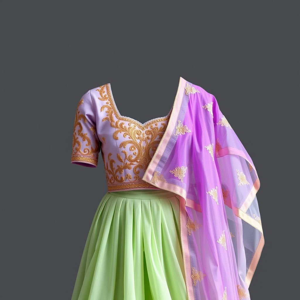 I want light purple with gold mixture of short blouse with light green skirt and purple shawl .outfit like half saree
Imagine a contemporary half-saree ensemble featuring a light purple, intricately embroidered crop blouse adorned with delicate gold threadwork. Paired with a flowing, light green skirt that cascades elegantly, this outfit is complemented by a sheer purple shawl, embellished with gold motifs, creating a harmonious blend of tradition and modern chic.