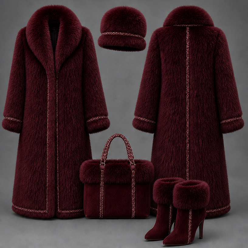 Make this entire outfit in burgundy
edit the attached fashion design with these instructions: Make this entire outfit in burgundy. keep it photorealistic, just the design no text