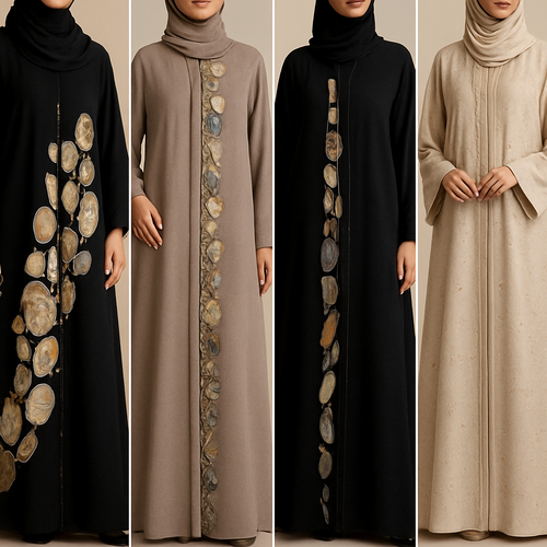 Create a modest two piece abaya, first of its kind, featuring a unique stone design that exudes a classy and sophisticated vibe. I'd like four designs, each showcasing different styles and fabrics. Incorporate high-end, unique chic stone designs to make them truly special. Add little sophisticated stone designs. Make it irresistible with designs that stands out.