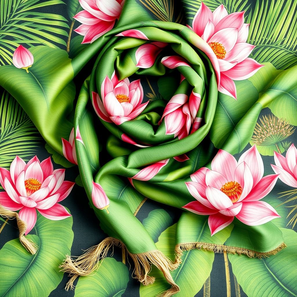 Design a collection of luxurious linen-silk scarves adorned with intricate lotus flower prints in vibrant hues of light pink and green. The scarves feature flowing, organic silhouettes that drape elegantly, evoking a tropical breeze. Add delicate fringe detailing and a subtle sheen, embodying both tropical charm and sophisticated elegance. Perfect for any season!
Design a tropical-inspired collection of luxurious linen-silk scarves that celebrate the essence of paradise. Each scarf showcases intricate lotus flower prints in vibrant hues of light pink and lush green, intertwined with tropical foliage. The flowing, organic silhouettes mimic the gentle sway of palm trees, adorned with delicate fringe detailing and a luminous sheen, capturing the spirit of summer all year round. Perfect for vacation getaways or adding a touch of exotic elegance to everyday outfits!