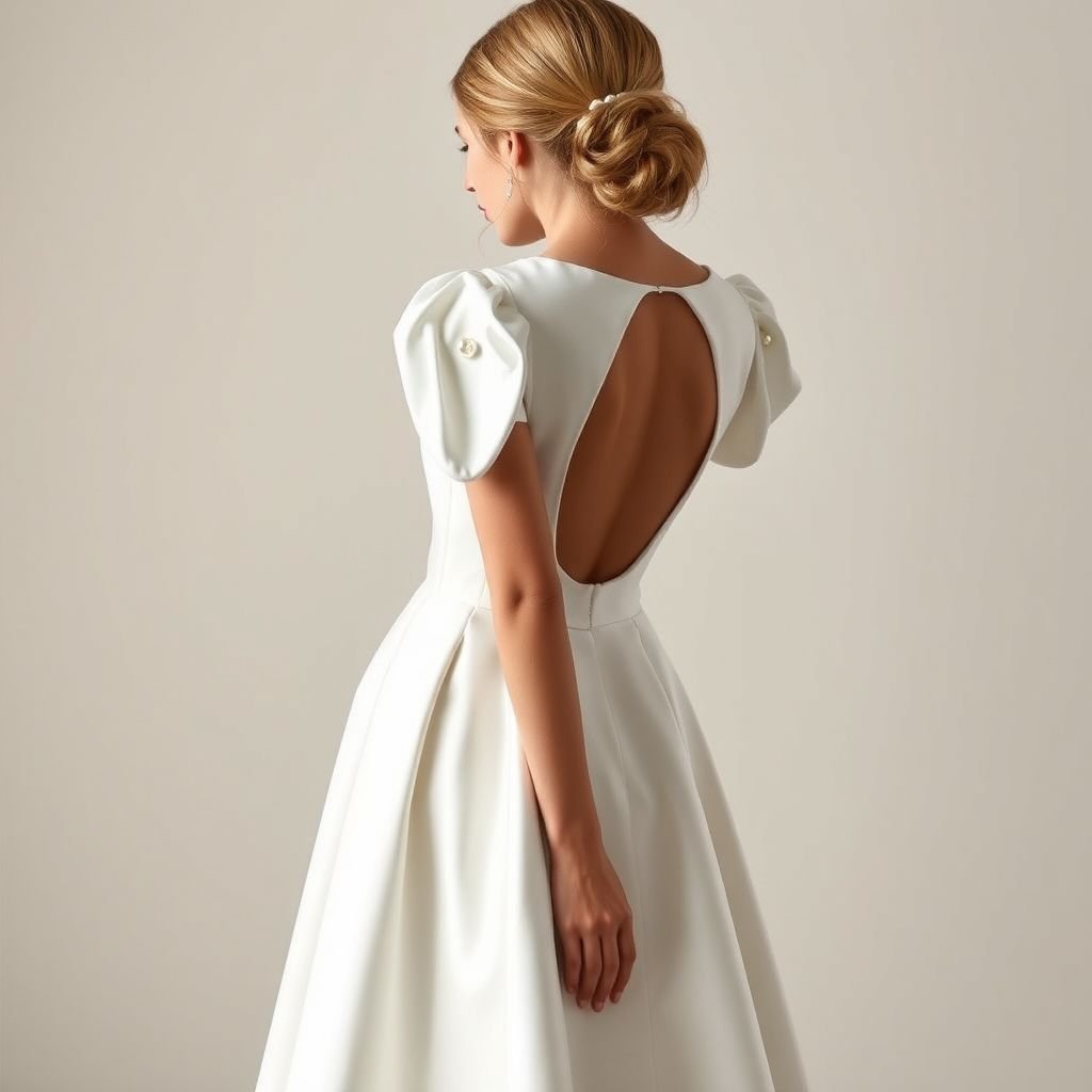 White dress for civil wedding Silhouette: Midi cut, flared from the waist, with a fluid and structured skirt in duchess satin or mikado for an elegant drape. • Top: • Short sleeves with subtle shoulder pads and a slight puffed shape for a romantic effect. • Front closure with a row of pearl buttons shaped like flowers, delicate and vintage. • Back: • Semi-open, oval or teardrop-shaped, with a neat finish. • Some pearl buttons may continue down the back for visual continuity. • Neckline: Slightly bateau or square, to frame the neck beautifully without being too open.
Design a stunning formal white dress for a civil wedding, featuring a midi cut with a flared skirt crafted from luxurious duchess satin. The top showcases short sleeves enhanced with delicate shoulder pads and romantic puff shapes, adorned with a row of vintage flower-shaped pearl buttons. The semi-open back, with an elegant oval cut, continues the pearl detailing for cohesive sophistication. A slightly bateau neckline frames the natural beauty of the bride, perfectly balancing elegance and modernity for an unforgettable ceremony.