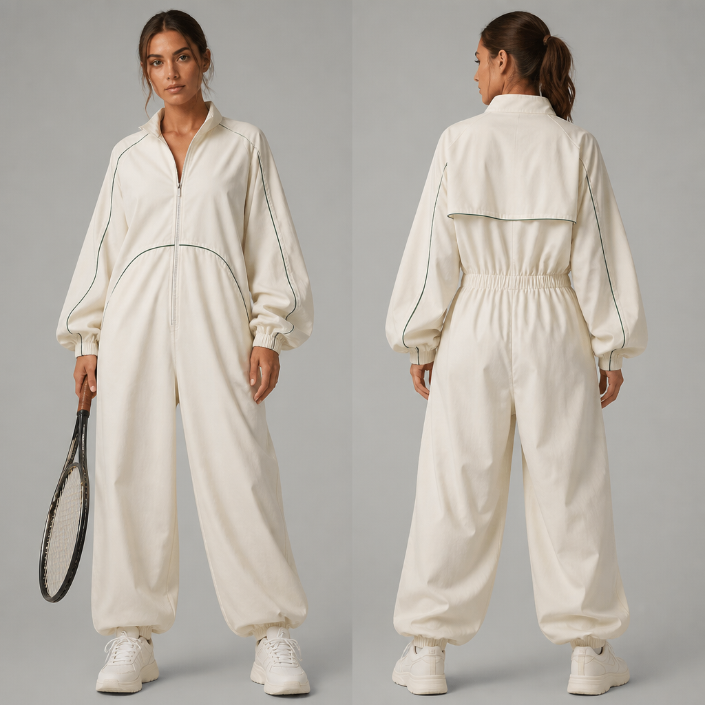 Une joueuse de tennis avec une jumpsuit oversize.
photorealistic fashion design, Une joueuse de tennis avec une jumpsuit oversize. , tenniscore style, just the design no text, show front and back