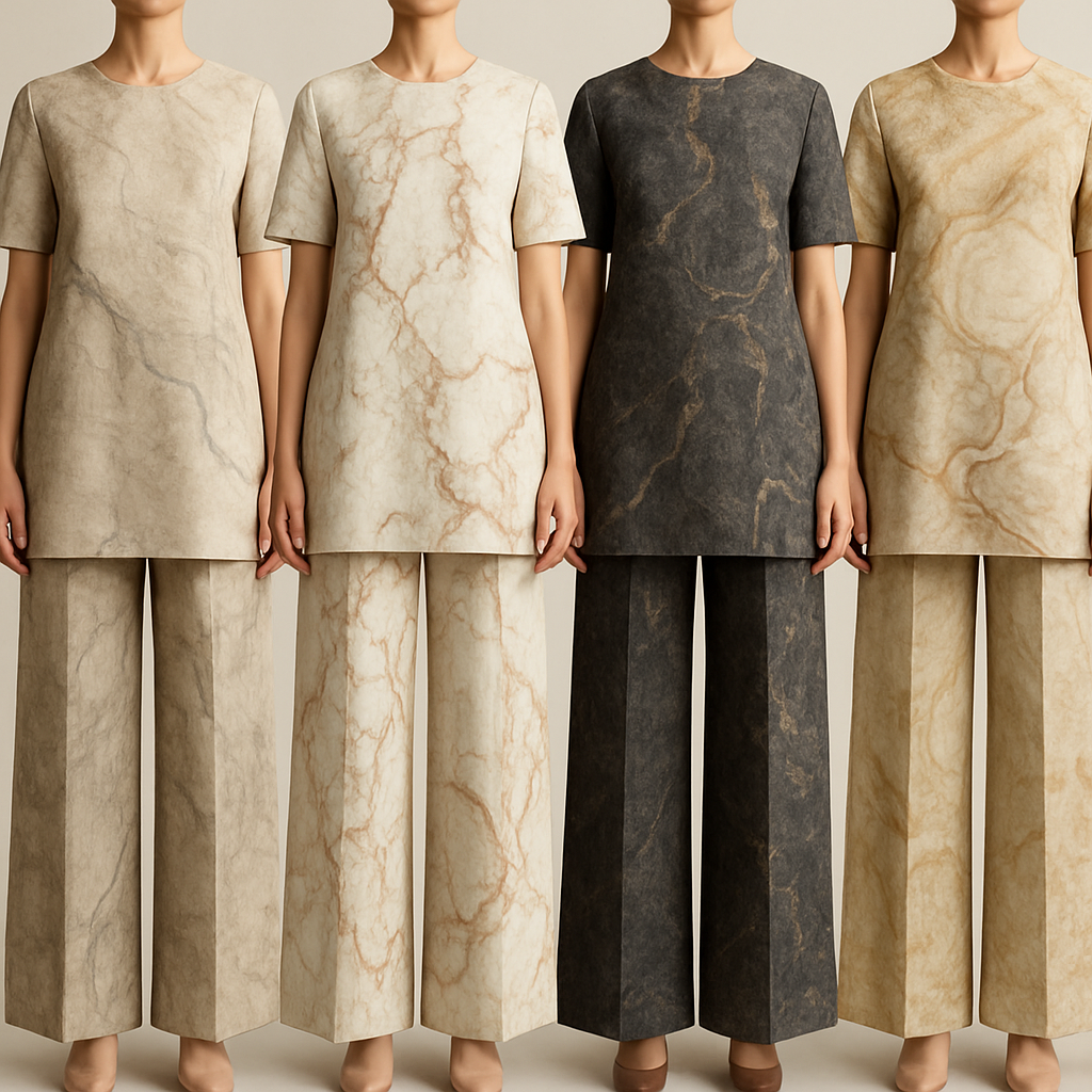 Create a modest luxury two piece linen set big pants and thigh length top, the first of its kind, featuring a unique stone design that exudes a classy and sophisticated vibe. I'd like four designs, each showcasing different styles and fabrics. Incorporate high-end, unique chic stone designs to make them truly special.

Create a modest luxury two piece linen set big pants and thigh length top, the first of its kind, featuring a unique stone design that exudes a classy and sophisticated vibe. I'd like four designs, each showcasing different styles and fabrics. Incorporate high-end, unique chic stone designs to make them truly special.