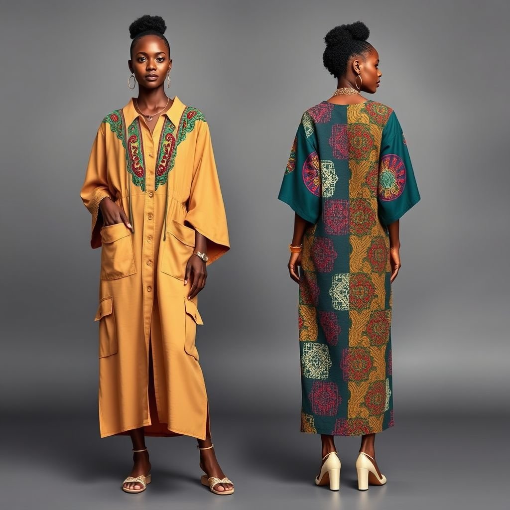 stylish African women wearing modern Afrocentric kaftan dresses. One wears a camel brown kaftan with kente embroidery, wide sleeves, and big cargo pockets. The other wears a dark teal kaftan with colorful kente patches. Both have elegant accessories and stand against a plain background. Image shows front and back view and wearing a nice shoe to pair the outfit.
Create a fashionable scene featuring two stylish African women showcasing modern Afrocentric kaftan dresses in a casual setting. One dons a camel brown kaftan with vibrant kente embroidery, wide sleeves, and oversized cargo pockets, while the other flaunts a dark teal kaftan adorned with colorful kente patches. Both accessorize elegantly with playful, casual jewelry and chic, comfortable shoes. The image should highlight front and back views against a minimalistic background, emphasizing their effortless style and cultural flair.