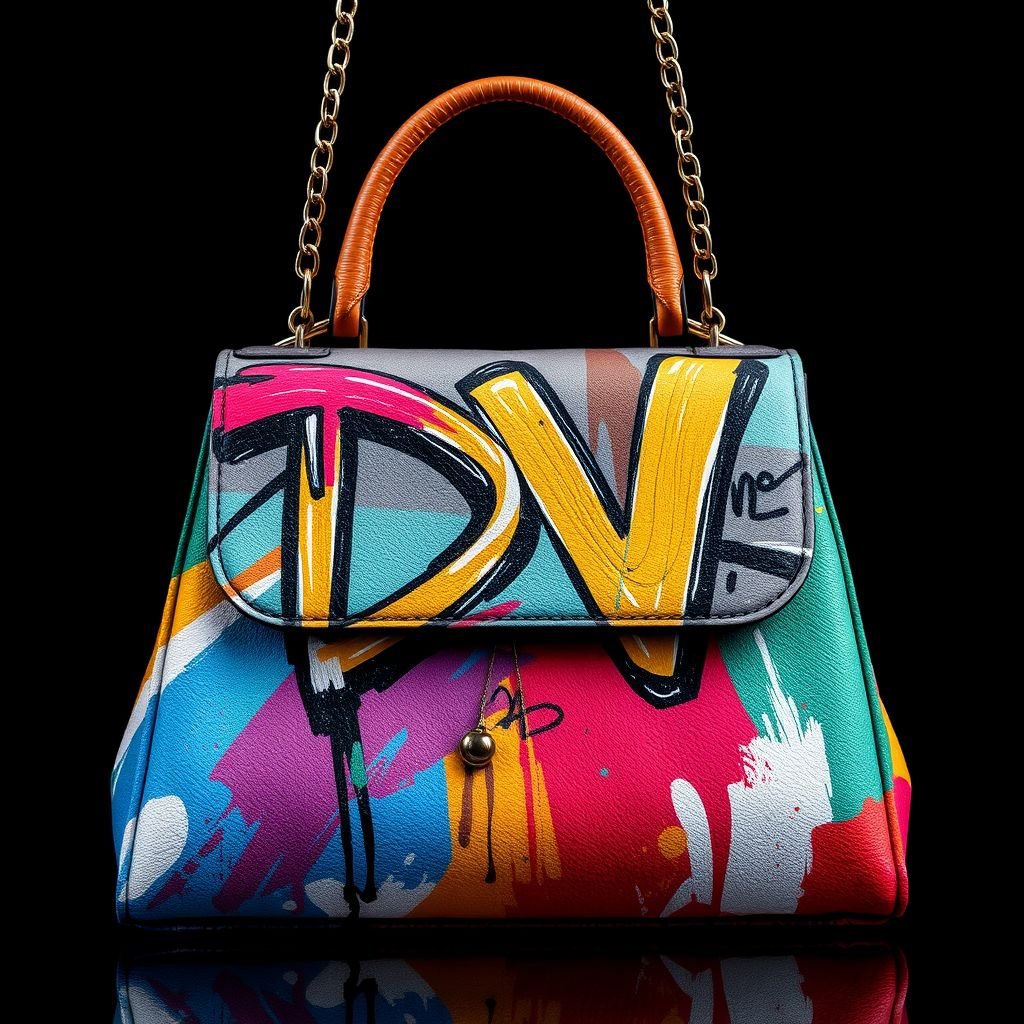 A handbag with the name “Da’Vine” on it. With DV on it
Envision an avant-garde handbag named “Da’Vine,” featuring an abstract, fluid design that mimics brushstrokes of vibrant colors. The initials "DV" are elegantly painted like graffiti, merging sophistication with street art. Textured fabrics blend with metallic accents, reflecting light like a canvas, making it a bold statement piece for artistic souls.
