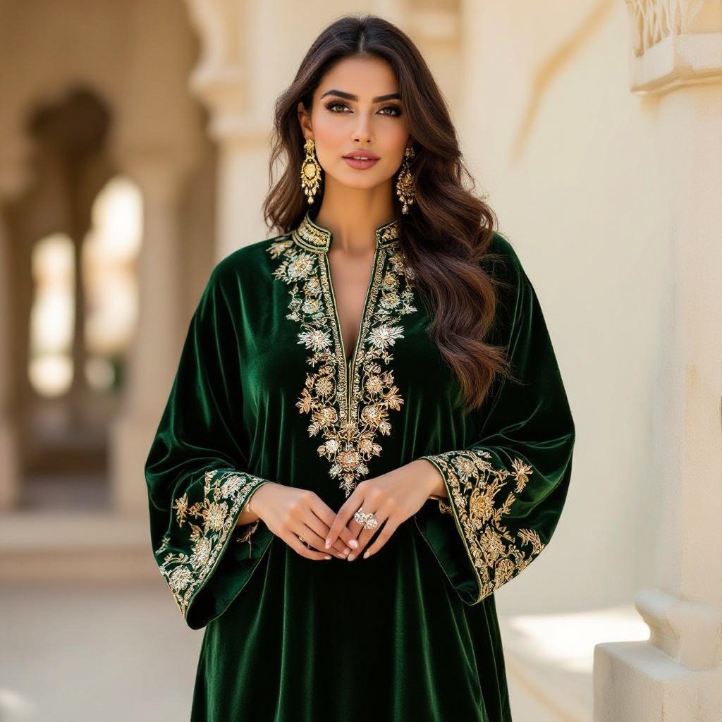Some desi eastern bottle green velvet long shirt with some inspiration from bollywood .
Festival fashion: Bottle green velvet long shirt, gold embroidery, sequins, loose fit, inspired by Bollywood festival style.