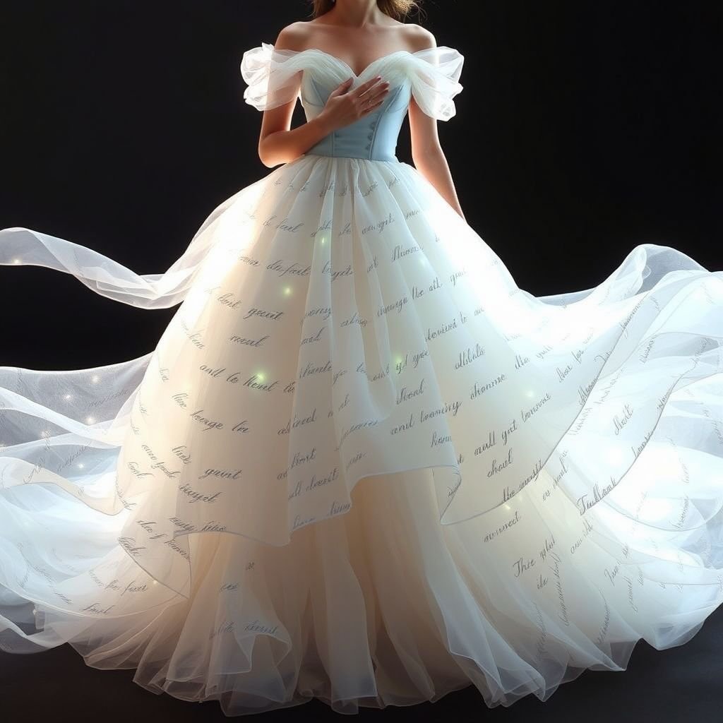 Ur so good!!! MORE LIFE. THANK YOU:)));) Design a gown inspired by the concept of a whispered prayer caught in the wind. The dress should be airy, weightless, and flowing as if made of moving air and sound itself. Use layers of translucent fabric in pale silvers, soft whites, and hints of sky blue, with wisps that trail like breath in cold air. Embedded in the fabric are faint, glowing script-like markings—ancient or angelic—fading in and out like echoes. The bodice is shaped like folded hands or soft wings, and the hemline ripples upward slightly, defying gravity. The overall feeling should be holy, haunting, and gentle—like a moment of stillness when Heaven leans in to listen.
Design a gown that embodies a whispered prayer caught in the wind. This ethereal creation features a corseted bodice resembling gentle clasped hands, adorned with layers of gossamer organza in silvery whites and serene blues. The billowing skirt flows gracefully, mimicking the ethereal movement of air, with delicate, luminescent script inscribed throughout, representing echoing thoughts. Each layer catches light beautifully, creating an illusion of soft whispers dancing in the breeze. Wispy tendrils drape around the ankles, appearing as if they are constantly in motion, evoking a serene, transcendent presence that feels both sacred and dreamlike. The gown's design celebrates tranquility and divine essence, radiating an aura of peace and hope.