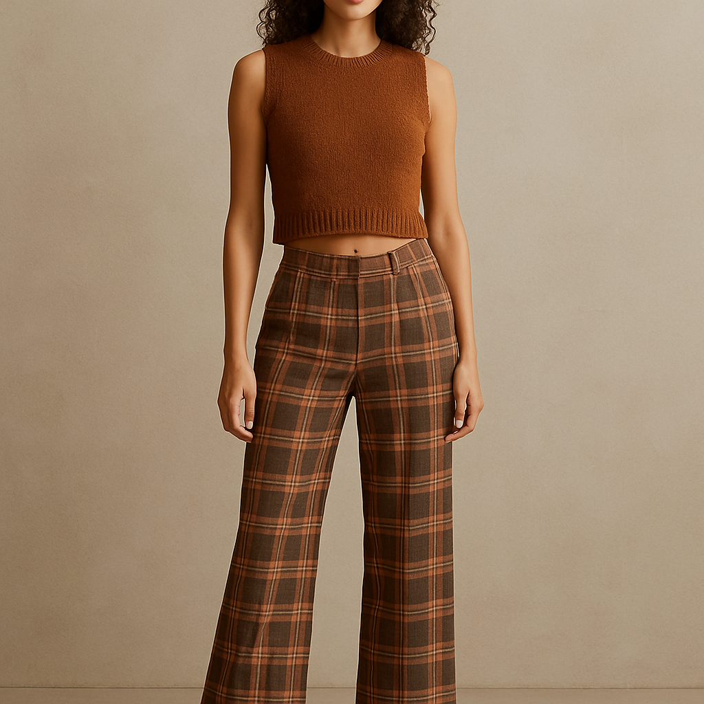 Earthy color Plaid bottoms/ sleeveless swearer top
On female, show stomach 


Show head to toe

Earthy color Plaid bottoms/ sleeveless swearer top
On female, show stomach 


Show head to toe