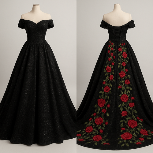Glittery wedding dress,black color, off the shoulder sleeves. With red roses and green vines embroidered cascading down the back of the dress flowing along the train. Corset top and lace up back.