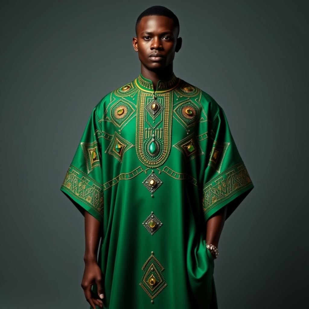 Create a sophisticated Nigerian kaftan style for men with interesting and different embroidery work. Create it in emerald green and add stones to the embroidered section
Design a striking afrofuturist men's kaftan that seamlessly blends tradition and innovation. In rich emerald green, this sophisticated silhouette features bold geometric embroidery inspired by Yoruba patterns. Adorned with shimmering stones, the embroidery transforms into a cosmic landscape, symbolizing a future where heritage meets advanced technology, celebrating African culture and identity.