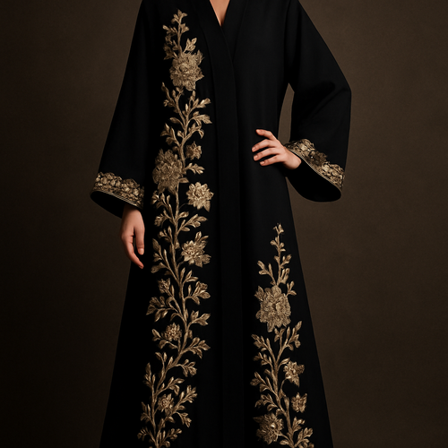 The Golden Noir Couture Abaya
Tone: Black with muted gold
Design:
Couture gold-thread floral embroidery climbing up the sides of the abaya.
Embellishment:
Rich champagne stones highlighting the flowers and outlining the sleeves.
Vibe:
High-end, sophisticated, luxury statement.
