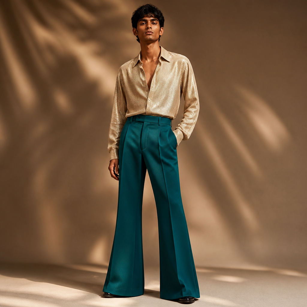 A Male Pants design, made of Cotton, with a sleek, smooth finish, with a Flared silhouette, in a Jewel Tones color palette, for Party, suited to a Tropical climate, in Glamorous + Haute Couture style, shown on a model with brown skin and a slim figure Present it as professional fashion catalogue photography: the garment is the subject, shown full-length with editorial styling, neutral posing and tasteful, non-suggestive framing.
photorealistic fashion design, A Male Pants design, made of Cotton, with a sleek, smooth finish, with a Flared silhouette, in a Jewel Tones color palette, for Party, suited to a Tropical climate, in Glamorous + Haute Couture style, shown on a model with brown skin and a slim figure Present it as professional fashion catalogue photography: the garment is the subject, shown full-length with editorial styling, neutral posing and tasteful, non-suggestive framing., glamorous style, just the design no text