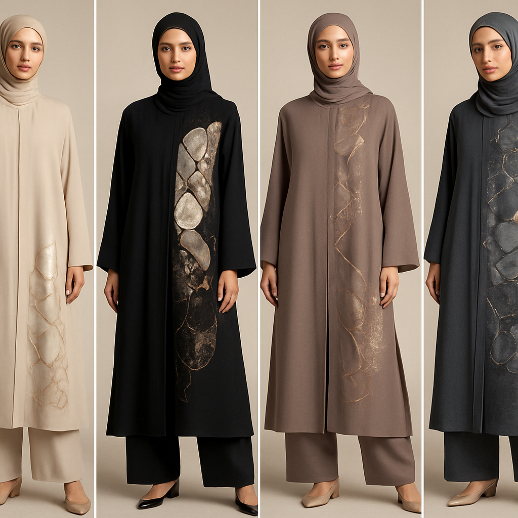 Create a modest abaya and loose pant, first of its kind, featuring a unique stone design that exudes a classy and sophisticated vibe. I'd like four designs, each showcasing different styles and fabrics. Incorporate high-end, unique chic stone designs to make them truly special. Add little sophisticated stone designs. Make it irresistible!

Create a modest abaya and loose pant, first of its kind, featuring a unique stone design that exudes a classy and sophisticated vibe. I'd like four designs, each showcasing different styles and fabrics. Incorporate high-end, unique chic stone designs to make them truly special. Add little sophisticated stone designs. Make it irresistible!