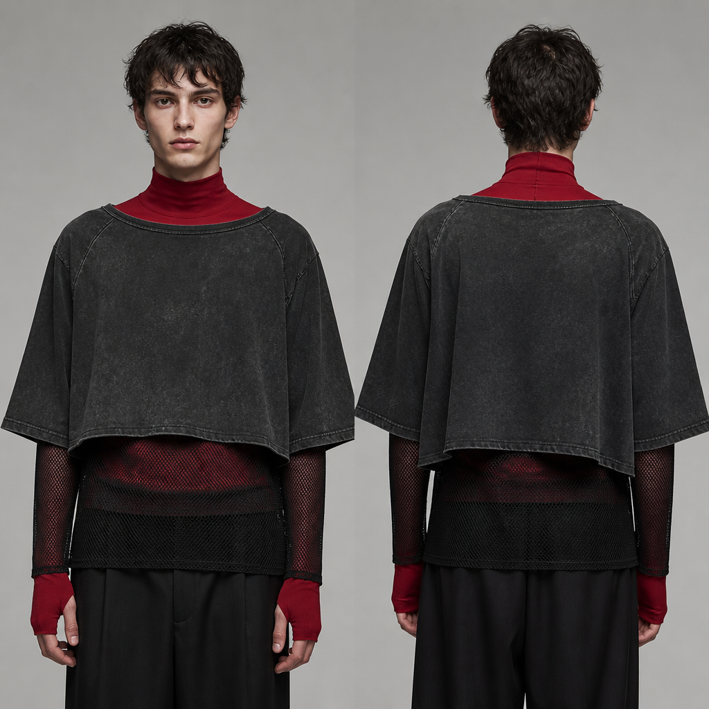 A Male Top design, suitable for Spring. Long sleeve 72% nylon and 28% spandex turtle neck in dark crimson red as base with a crew neck black net thumb length on top with a loose fit flared cropped top 3/4 sleeve in a black stone washed havey weight cotton top with boatneck. Design with modest coverage.
photorealistic fashion design, A Male Top design, suitable for Spring. Long sleeve 72% nylon and 28% spandex turtle neck in dark crimson red as base with a crew neck black net thumb length on top with a loose fit flared cropped top 3/4 sleeve in a black stone washed havey weight cotton top with boatneck. Design with modest coverage., just the design no text, show front and back