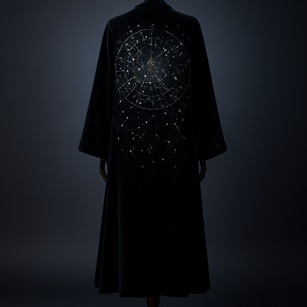 
10) Celestial star-map back  
Photorealistic full-length black velvet ankle-length abaya on a luxurious polished dark-walnut wooden mannequin with carved pedestal, ankle visible; intricate star-map across the back stitched in silver metallic thread and tiny crystals representing constellations, faint glow effect as if lit from within. Studio: backlight to enhance glow + soft front fill, deep navy-gray gradient background. (Midjourney: --ar 2:3 --v 5 --q 2)


10) Celestial star-map back  
Photorealistic full-length black velvet ankle-length abaya on a luxurious polished dark-walnut wooden mannequin with carved pedestal, ankle visible; intricate star-map across the back stitched in silver metallic thread and tiny crystals representing constellations, faint glow effect as if lit from within. Studio: backlight to enhance glow + soft front fill, deep navy-gray gradient background. (Midjourney: --ar 2:3 --v 5 --q 2)