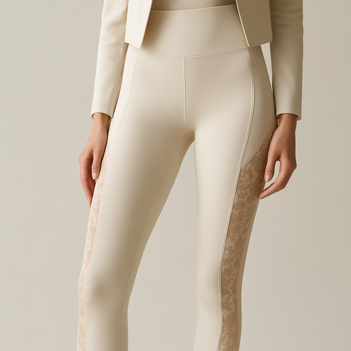 High-waisted women’s active leggings with lace side panels, combining stretchy technical fabric and delicate transparent lace inserts. Neutral tones (ivory, nude, white), sculpting effect, modern minimal aesthetic, luxury sportwear style.”