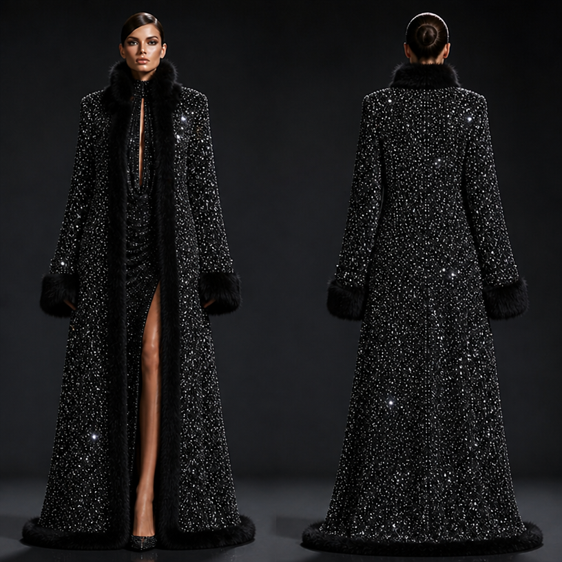Make a rhinestones coat with a mink lining high collar in black
edit the attached fashion design with these instructions: Make a rhinestones coat with a mink lining high collar in black. keep it photorealistic, just the design no text