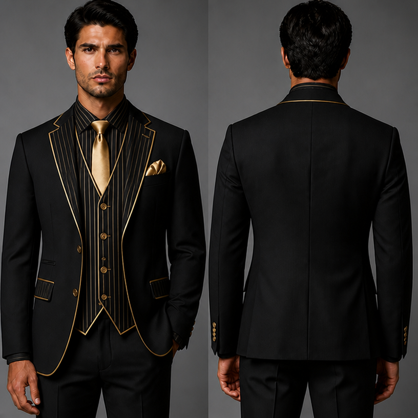 Make the collar ,the vest and the lapel on the jacket black and gold pinstriped
edit the attached fashion design with these instructions: Make the collar ,the vest and the lapel on the jacket black and gold pinstriped. keep it photorealistic, just the design no text