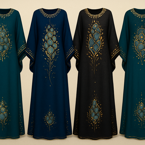 Create me modest boubou that's first in the world, using unique stone design, classy and sophisticated. Keep me 4 designs. Make them rich by adding minimal stone embroidery and stones designs.