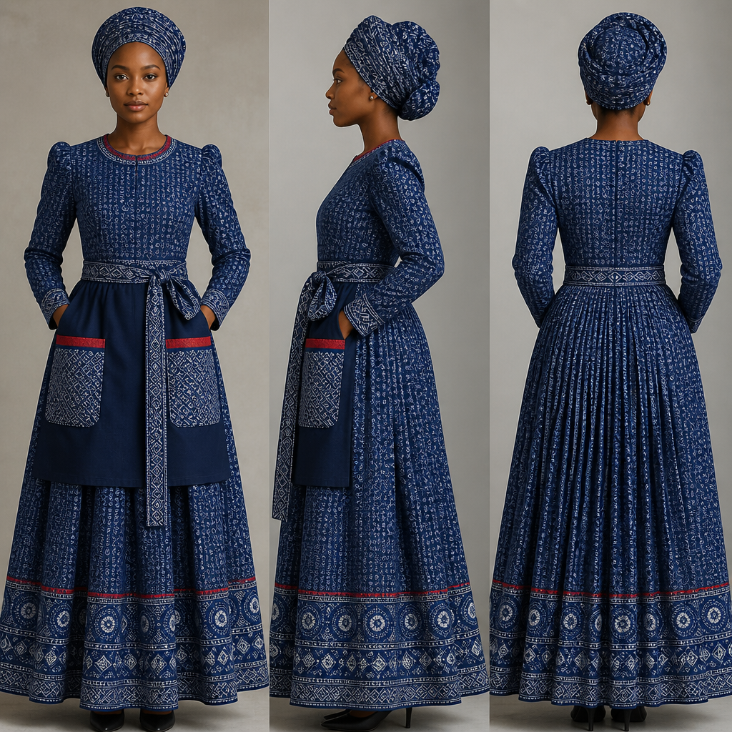 photorealistic fashion design, photorealistic fashion design, A Dress design, for Casual, in Elegant + Quiet Luxury style. design traditional esthetics south African motifs based on shweshwe material with deak and apron and belt long and long sleeve round neck covering breastfeeding and shoulders with a pocket touch of red. South Africa fashion aesthetics., elegant style, just the design no text. Refinement: add design print and pockets whit a deadwrap plits on the bottom , just the design no text. Refinement: make sleeve and little puffer and add doek wrap and pockets on the apron and make it more blue
photorealistic fashion design, photorealistic fashion design, photorealistic fashion design, A Dress design, for Casual, in Elegant + Quiet Luxury style. design traditional esthetics south African motifs based on shweshwe material with deak and apron and belt long and long sleeve round neck covering breastfeeding and shoulders with a pocket touch of red. South Africa fashion aesthetics., elegant style, just the design no text. Refinement: add design print and pockets whit a deadwrap plits on the bottom , just the design no text. Refinement: make sleeve and little puffer and add doek wrap and pockets on the apron and make it more blue, just the design no text