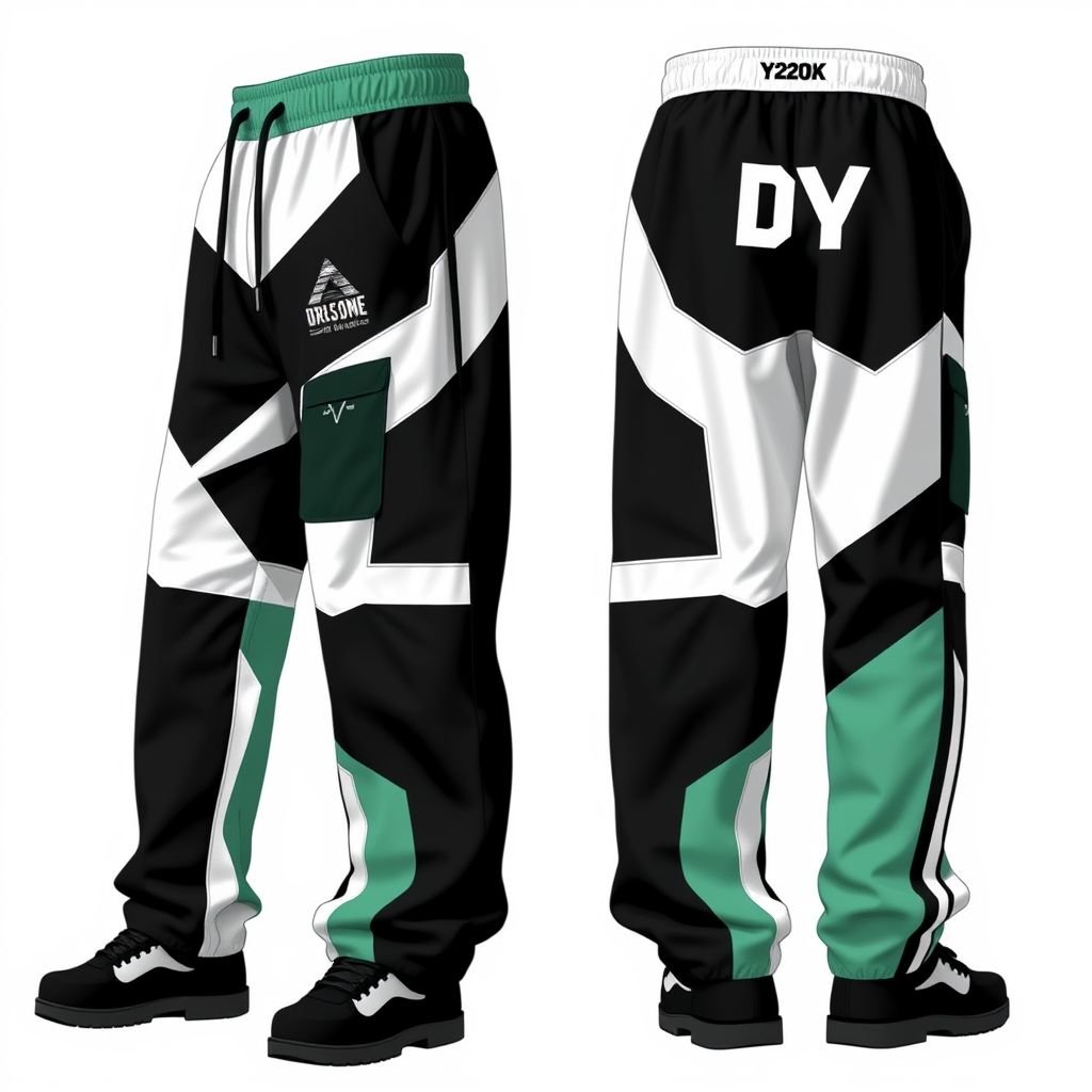 Streetrush Men's Street Sporty Academy Style, Street Hip-Hop Oversized. These Black And White Color-Block Design Ultra-Wide Sports Sweatpants Feature Multiple Stripes, dark green and pastel green Paneling Design, And Front And Back Pattern Designs, Along With A Creative Double Waistband. They Are Suitable For All-Season Wear, Embody Street Rock Aesthetics, And Are Perfect For Music Festivals And Everyday Outfits, Making Them An Excellent Gift For Boyfriends Or Husbands. This Style Reflects Y2K Streetwear ,Men's Two-Tone Outdoor Sports , Chicago Jersey , Streetwear , Streetwear Sweatpants. Put “DV” somewhere on it.
Design a striking men's streetwear look featuring ultra-wide, black and white color-block sweatpants, enhanced by multiple bold stripes. Include dark green and pastel green paneling for a modern twist. Incorporate dynamic front and back graphic prints, a unique double waistband, and subtly integrate "DV" to encapsulate the essence of Y2K street rock culture. Perfect for music festivals or casual outings, these sweatpants blend comfort and style for the contemporary urban man.