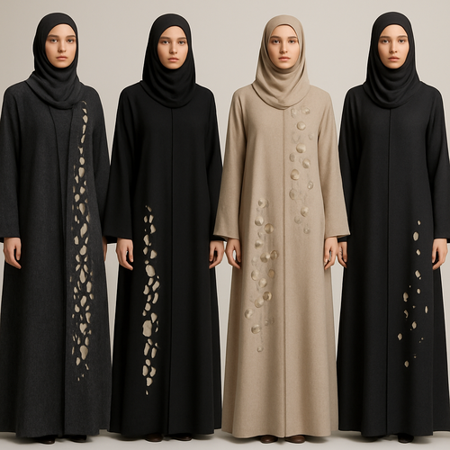 Create a modest abaya, the first of its kind, featuring a unique stone design that exudes a classy and sophisticated vibe. I'd like four designs, each showcasing different styles and fabrics. Incorporate high-end, unique chic stone designs to make them truly special. Add little sophisticated stone designs.