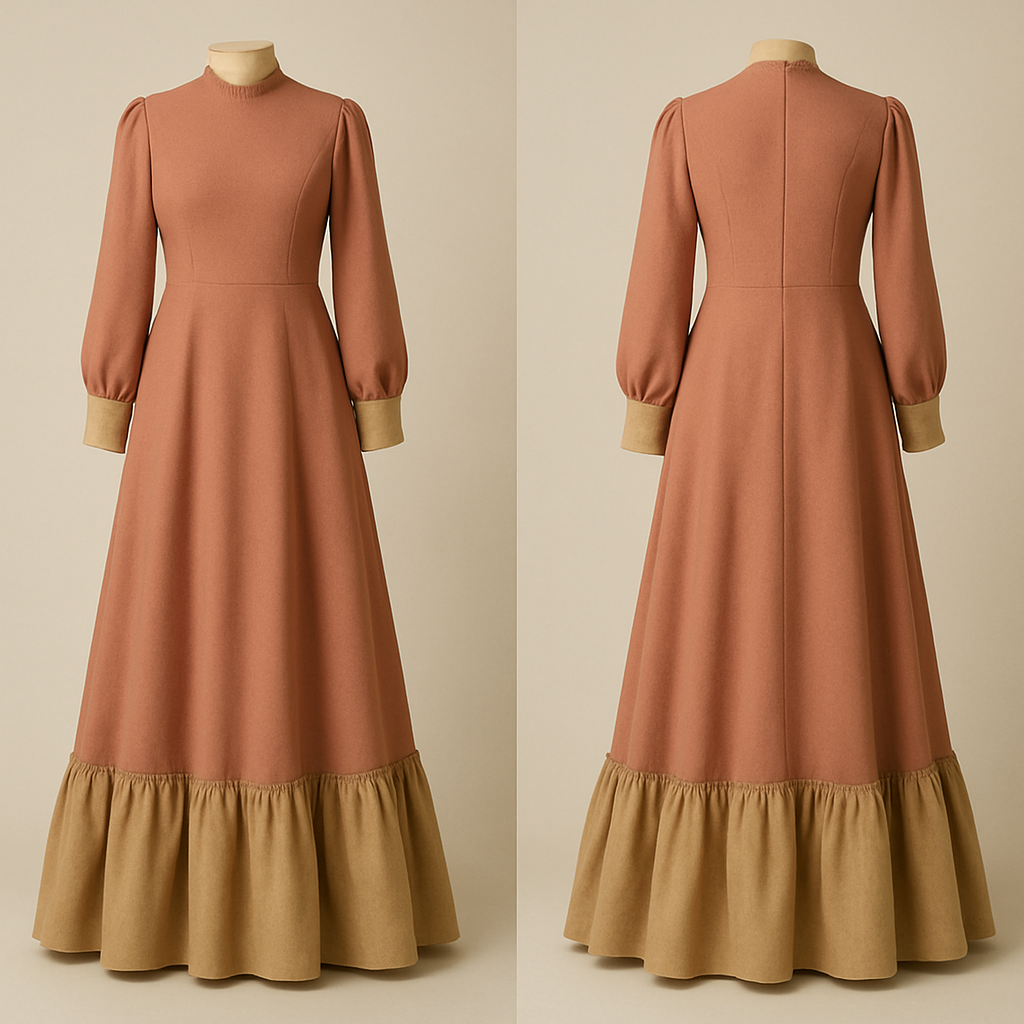 A dress with a fitted upper bodice that flares into a full lenght a line dress with ruffles along the three quarter line
It has long sleeves
A dress with a fitted upper bodice that flares into a full lenght a line dress with ruffles along the three quarter line
It has long sleeves , middle_eastern style, show front and back