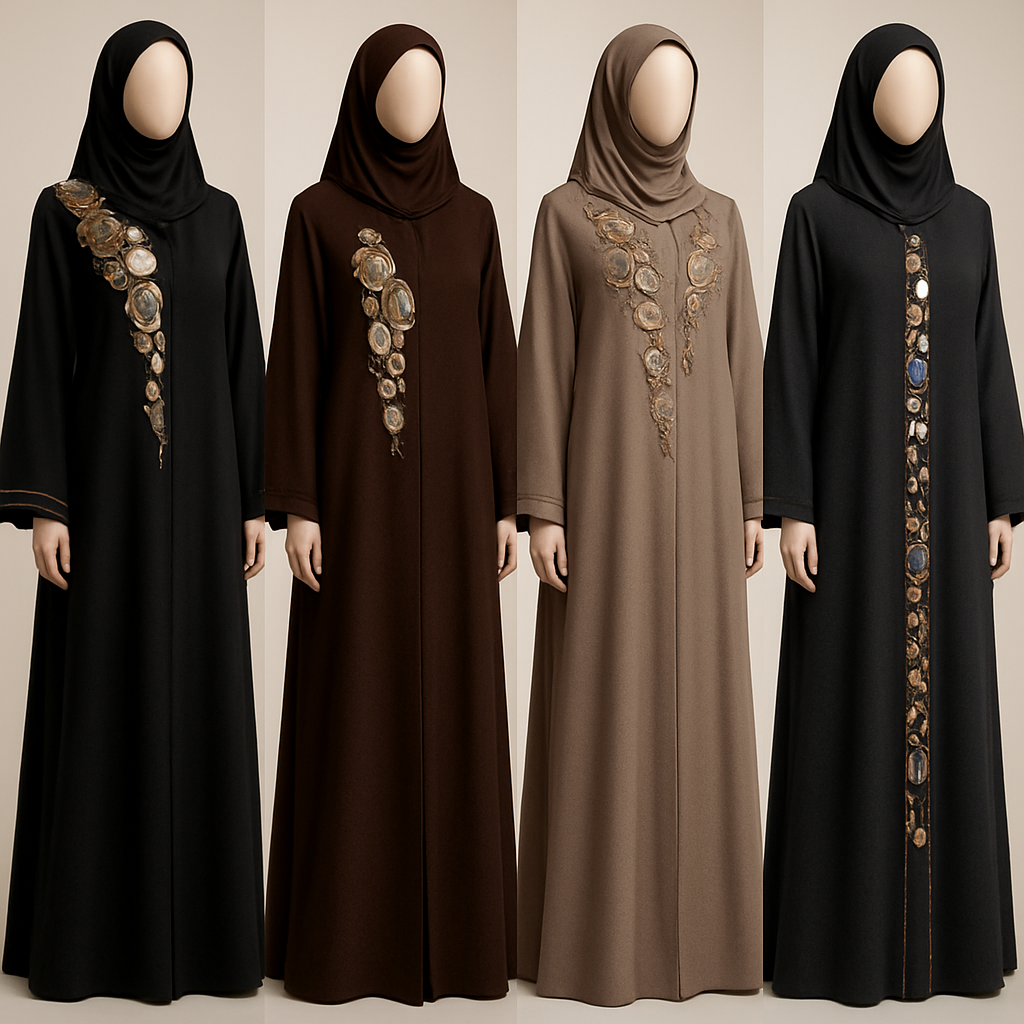 Create me modest abaya that's first in the world, using unique stone design, classy and sophisticated. Keep me 4 designs. Make them rich by adding unique chic stone high end designs and . Showcasing different styles and fabric.

Create me modest abaya that's first in the world, using unique stone design, classy and sophisticated. Keep me 4 designs. Make them rich by adding unique chic stone high end designs and . Showcasing different styles and fabric.