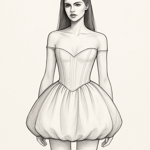 Mini dress with corset top Bardot thin straps sitting below shoulders
Skirt part to be puffball
Corset longer and straight across at end
Corset longer so less skirt showing
Remove top straps and make Bardot straps thinner
V neck in corset