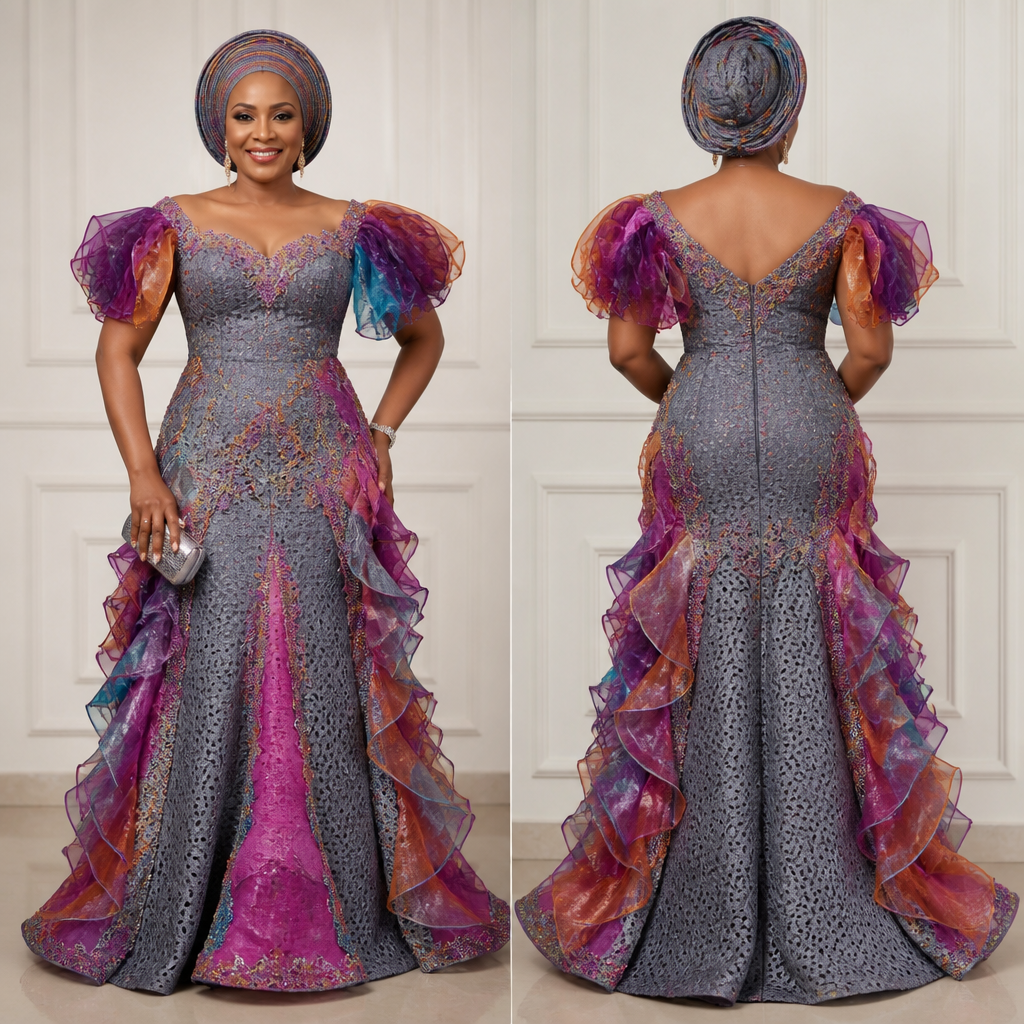 PROMPT
A photorealistic dinner dress for a 50 year old woman to attend a birthday party made from colorful beautiful silver gray aso oke with small holes on it and a touch of colorful organza fabric with beautiful trims that will look gorgeous and fabulous.
photorealistic fashion design, PROMPT
A photorealistic dinner dress for a 50 year old woman to attend a birthday party made from colorful beautiful silver gray aso oke with small holes on it and a touch of colorful organza fabric with beautiful trims that will look gorgeous and fabulous.
, rococo style, just the design no text, show front and back