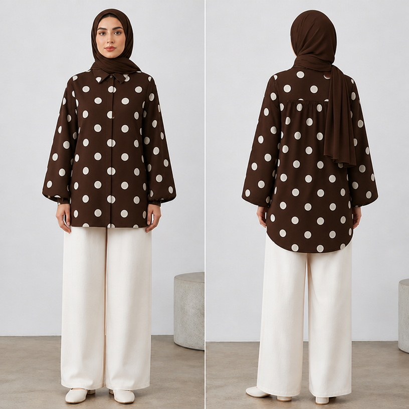 The head scarf to be in dark brown , also the shirt to be in dark brown color with large white dots
edit the attached fashion design with these instructions: The head scarf to be in dark brown , also the shirt to be in dark brown color with large white dots. keep it photorealistic, just the design no text