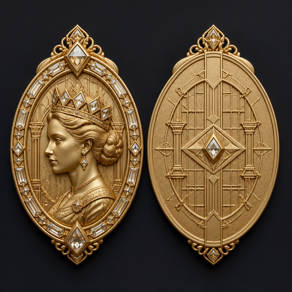 Queen Henriette is the legendary sovereign of an imaginary kingdom devoted to beauty, elegance, knowledge, and timeless craftsmanship. She is portrayed as a graceful queen with refined features, calm confidence, and an aura of noble sophistication. Her crown is composed of geometric gemstones arranged in perfect symmetry, symbolizing balance, excellence, and enduring luxury.
Her face is sculpted with delicate classical proportions inspired by European royal art, while her expression conveys wisdom, strength, and serenity. She is neither historical nor modern, but exists beyond time as a symbol of eternal elegance.
The emblem of Queen Henriette is designed as a miniature sculptural medallion that can be integrated into luxury handbags, jewelry, cosmetic packaging, perfume bottles, and fashion accessories. The relief sculpture features her profile surrounded by geometric architectural motifs inspired by French palaces, precious gemstones, and fine craftsmanship.
Queen Henriette represents refinement without excess, power without arrogance, and beauty without fleeting trends. She embodies the values of heritage, exclusivity, artistry, and sophistication. Every product bearing her image should feel like a treasured object passed through generations, crafted with exceptional attention to detail and destined to become timeless.
photorealistic fashion design, Queen Henriette is the legendary sovereign of an imaginary kingdom devoted to beauty, elegance, knowledge, and timeless craftsmanship. She is portrayed as a graceful queen with refined features, calm confidence, and an aura of noble sophistication. Her crown is composed of geometric gemstones arranged in perfect symmetry, symbolizing balance, excellence, and enduring luxury.
Her face is sculpted with delicate classical proportions inspired by European royal art, while her expression conveys wisdom, strength, and serenity. She is neither historical nor modern, but exists beyond time as a symbol of eternal elegance.
The emblem of Queen Henriette is designed as a miniature sculptural medallion that can be integrated into luxury handbags, jewelry, cosmetic packaging, perfume bottles, and fashion accessories. The relief sculpture features her profile surrounded by geometric architectural motifs inspired by French palaces, precious gemstones, and fine craftsmanship.
Queen Henriette represents refinement without excess, power without arrogance, and beauty without fleeting trends. She embodies the values of heritage, exclusivity, artistry, and sophistication. Every product bearing her image should feel like a treasured object passed through generations, crafted with exceptional attention to detail and destined to become timeless., just the design no text, show front and back