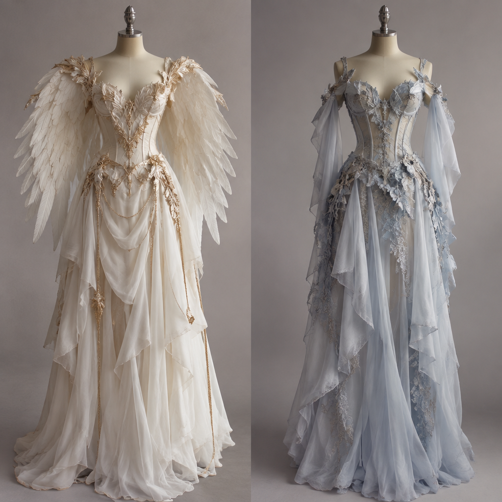 Dua dizajne te fustanave unike
photorealistic fashion design, Dua dizajne te fustanave unike
, angelcore style, just the design no text