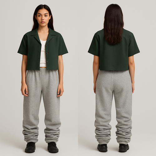 Short fitting Dark green Open boxy button up with wifebeater as undershirt and grey super super stacked sweats on woman.