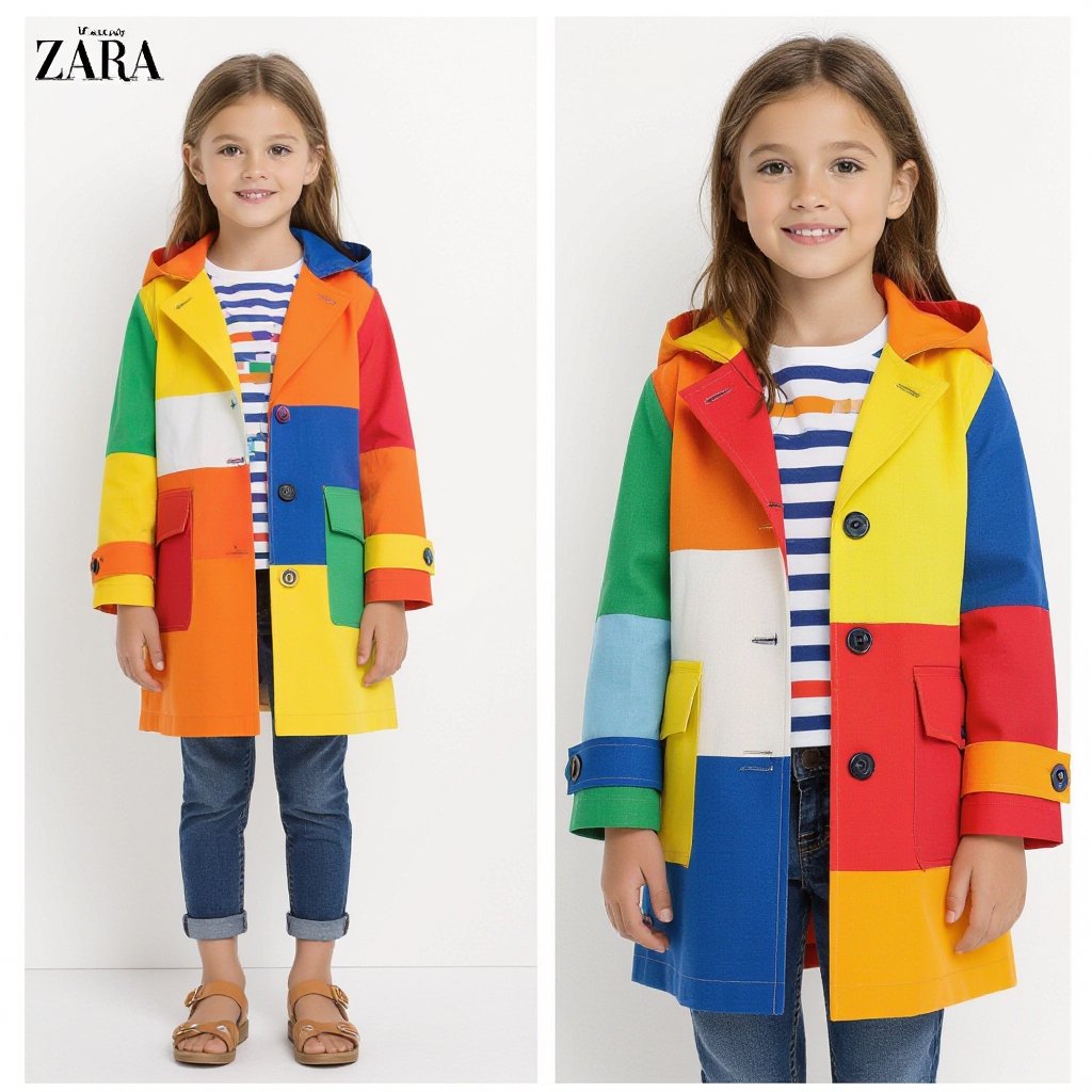Design a unique and beautiful Zara linen raincoat or trench coat for six-year-old children.
Colorful fashion: Design a Zara linen raincoat or trench coat for six-year-old children, featuring bold color blocks and playful patterns. Use bright primary colors and fun, simple graphics like stripes or polka dots.